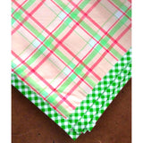 plaid pink and lime green oilcloth tablecloth with lime green gingham trim