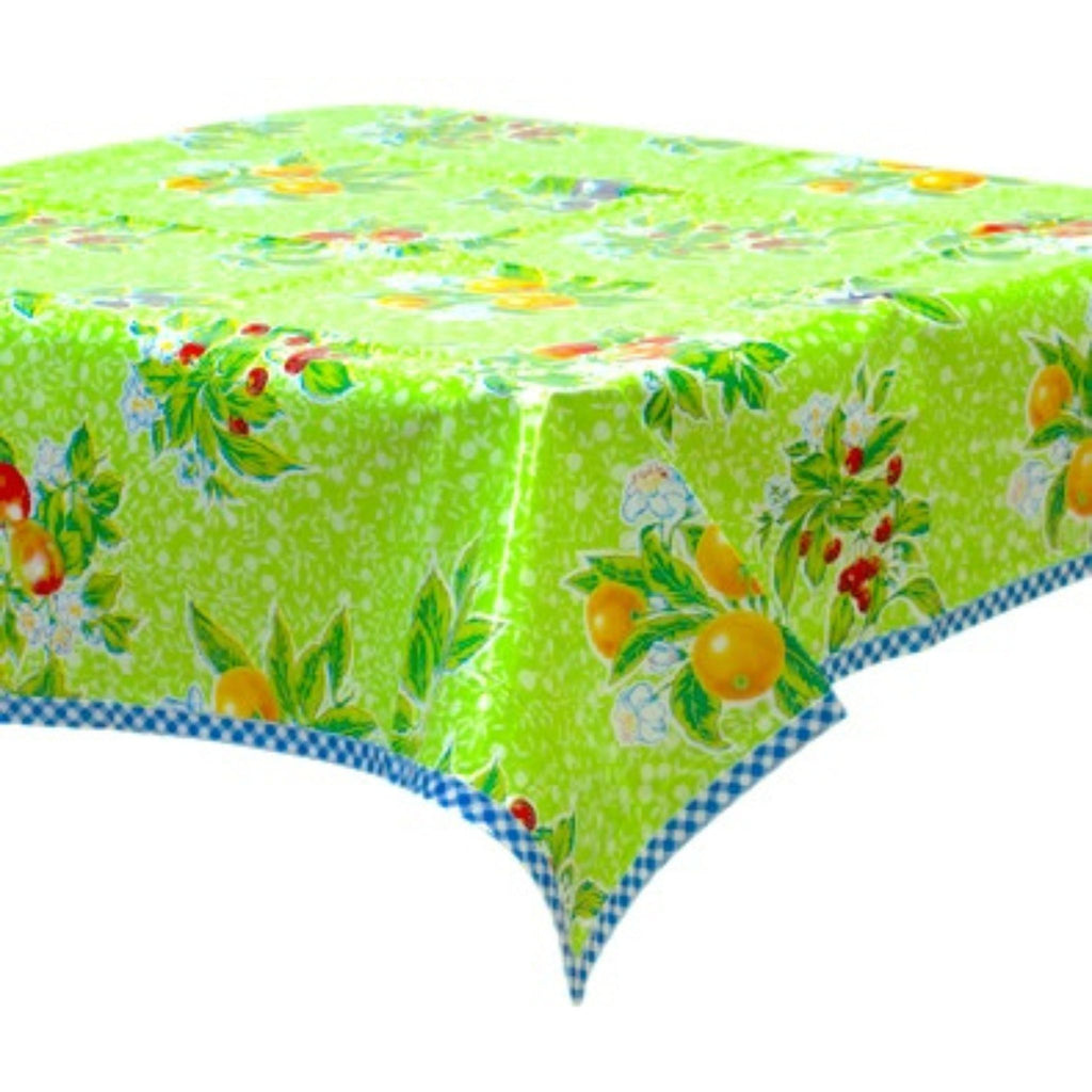 plum lime green oilcloth tablecloth with blue gingham trim