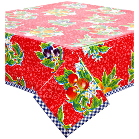 plum red oilcloth tablecloth with navy blue gingham trim