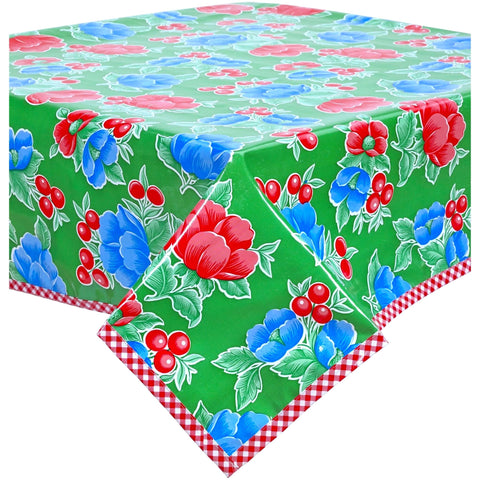 poppy green oilcloth tablecloth with red gingham trim