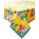 poppy yellow oilcloth tablecloth with green gingham trim