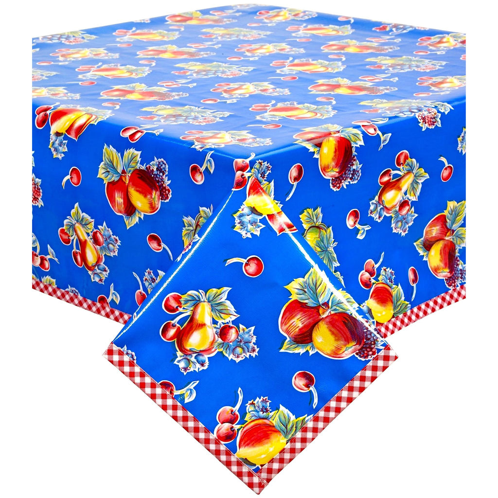 retro blue oilcloth tablecloth with red gingham trim