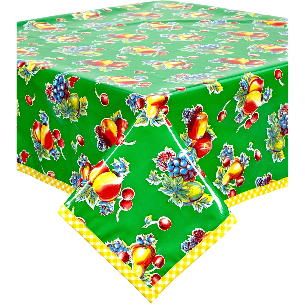 retro green oilcloth tablecloth with yellow gingham trim