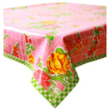 rose and grid pink oilcloth tablecloth with lime green gingham trim