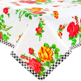 rose and grid white oilcloth tablecloth with black gingham trim
