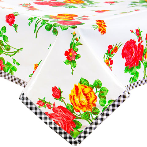 rose and grid white oilcloth tablecloth with black gingham trim