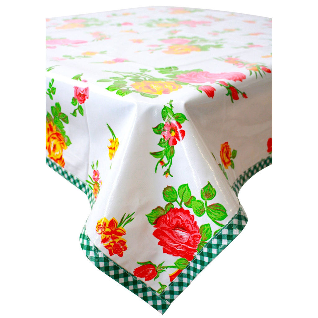 freckled sage rose and grid white oilcloth tablecloth with green gingham trim