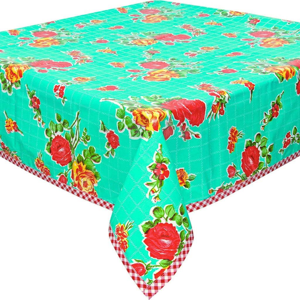 rose and grid aqua oilcloth tablecloth with red gingham trim
