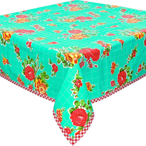 rose and grid aqua oilcloth tablecloth with red gingham trim