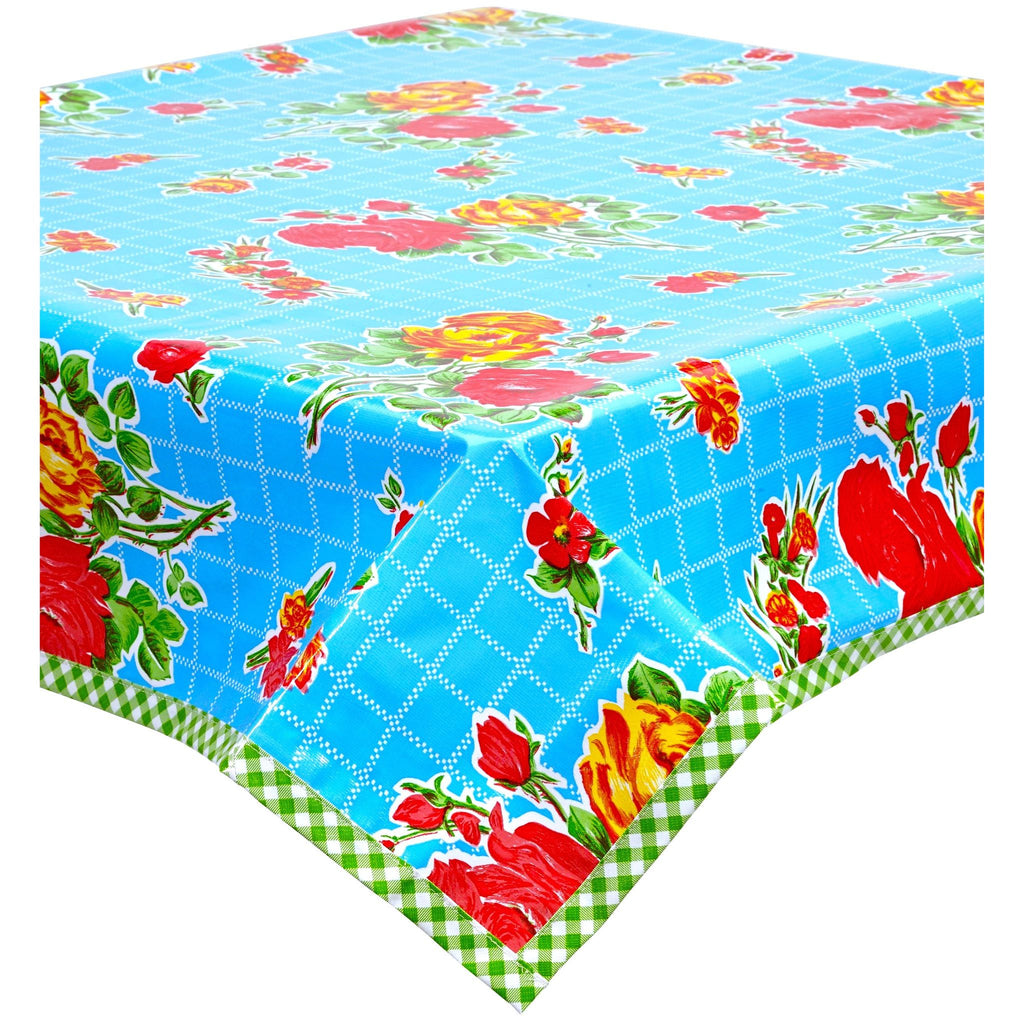 rose and grid light blue oilcloth tablecloth with lime green gingham trim