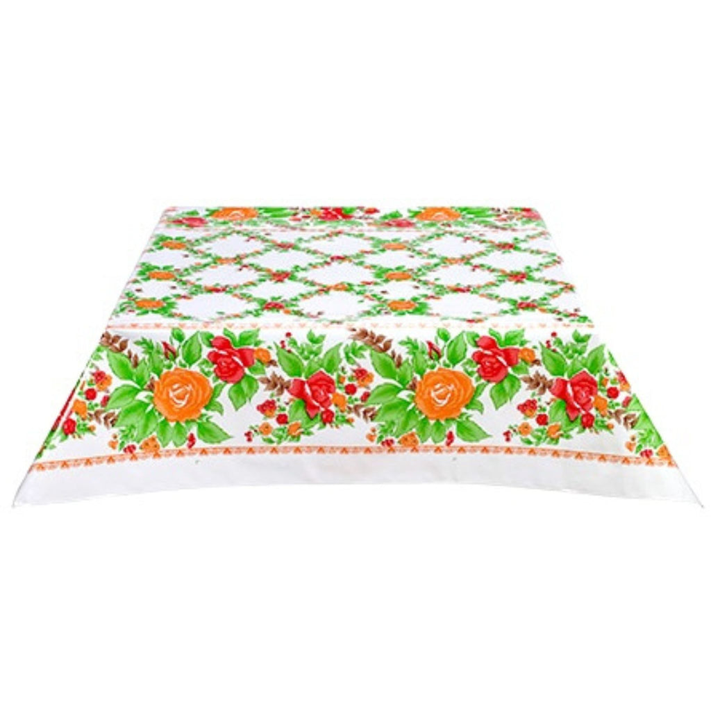rose vine orange oilcloth tablecloth with a merrowed edge