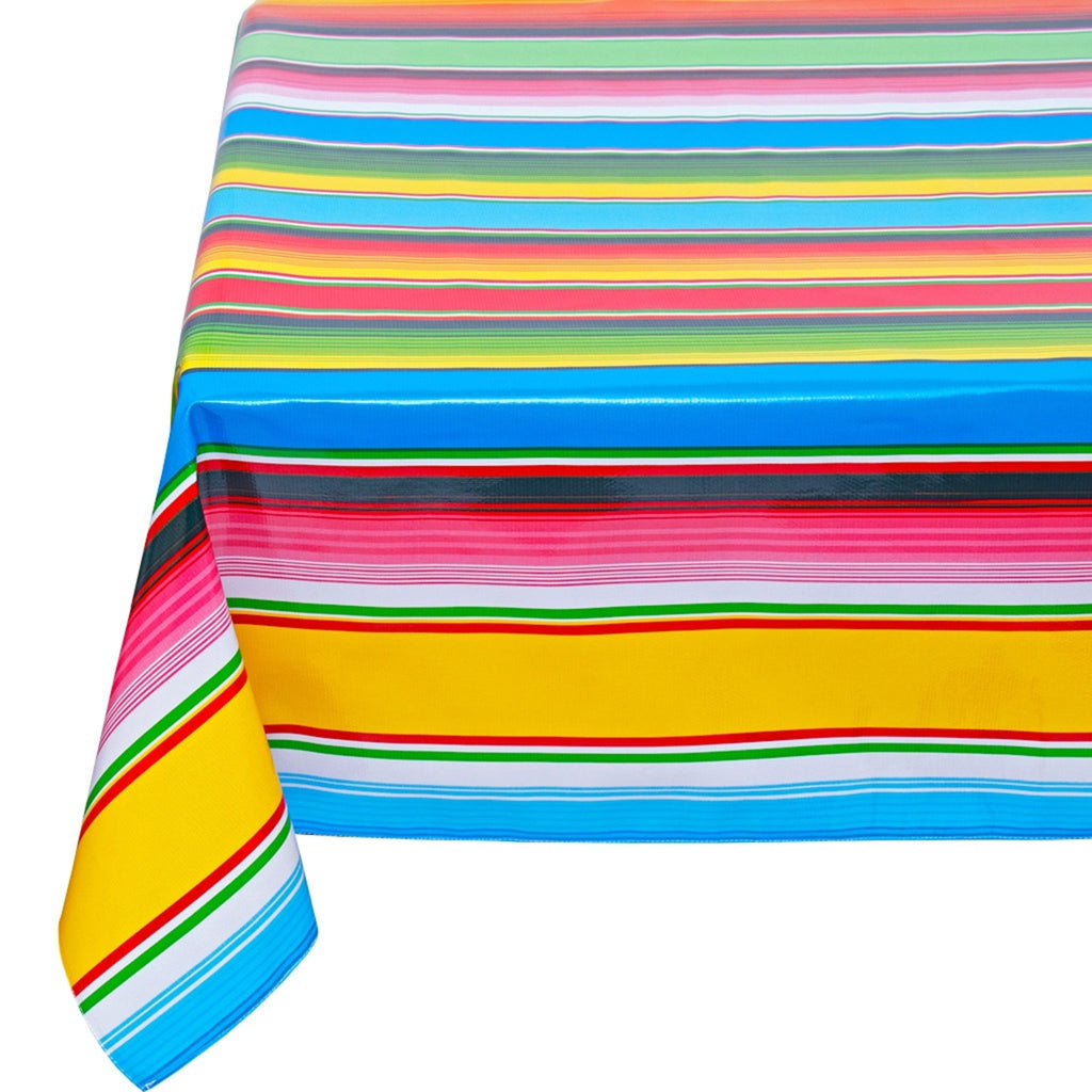 freckled sage serape light blue oilcloth tablecloth with a simple hem