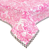 toile pink oilcloth tablecloth with black gingham trim