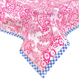 toile pink oilcloth tablecloth with blue gingham trim