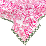 toile pink oilcloth tablecloth with green gingham trim