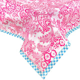 toile pink oilcloth tablecloth with light blue gingham trim