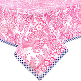 toile pink oilcloth tablecloth with navy blue gingham trim