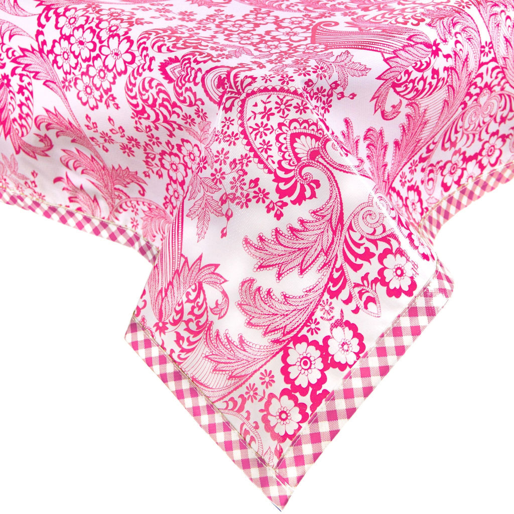 toile pink oilcloth tablecloth with pink gingham trim