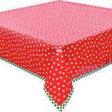 dot white on red oilcloth tablecloth with green gingham trim