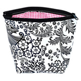 toile black oilcloth cosmetic bag lined with gingham pink
