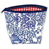 toile navy blue oilcloth cosmetic bag lined with red gingham