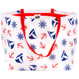 extra large oilcloth tote bag in nautical red and navy blue