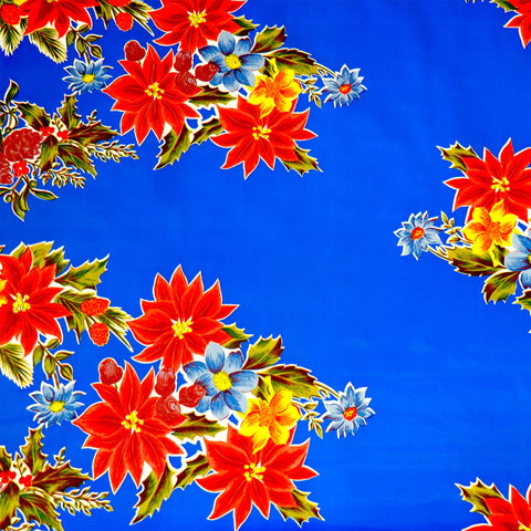 freckled sage christmas poinsettia blue oilcloth swatch