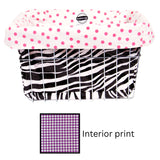 oilcloth bike basket liner in zebra lined with purple gingham