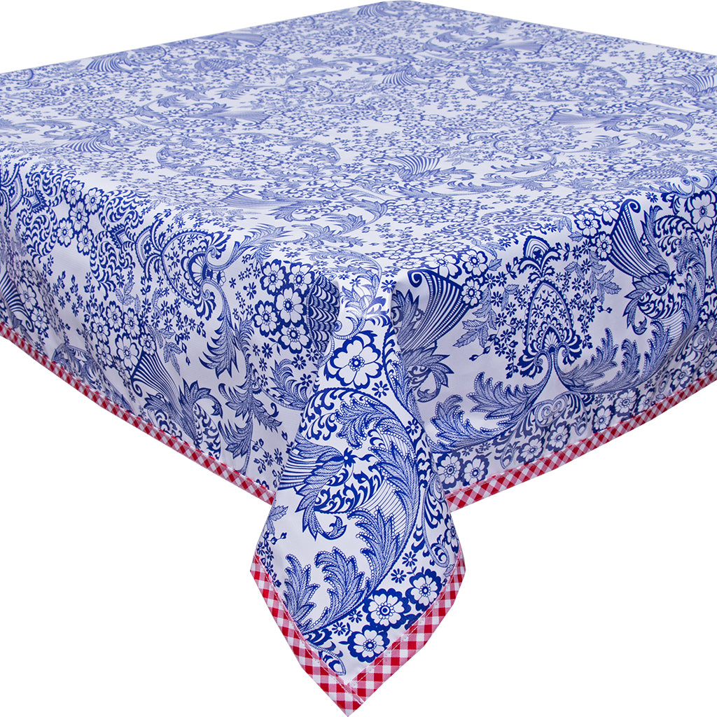 Freckled Sage Oilcloth Tablecloth Blue Toile with Red Gingham Trim