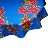 Poinsettias on Blue Round oilcloth tablecloth