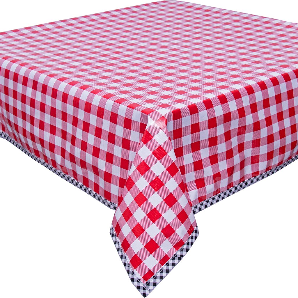 Freckled Sage Oilcloth Tablecloth Large Gingham Red with Black Gingham Trim