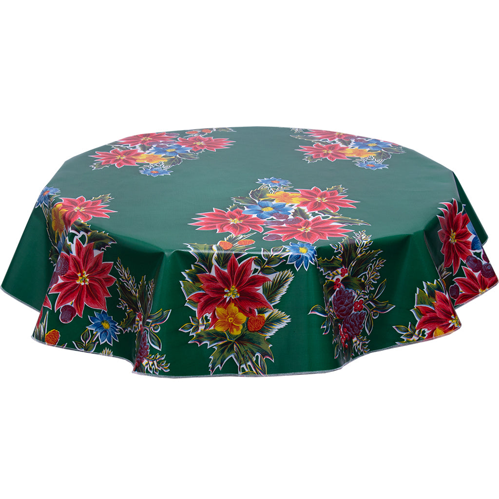 round Oilcloth tablecloth Christmas poinsettias on green