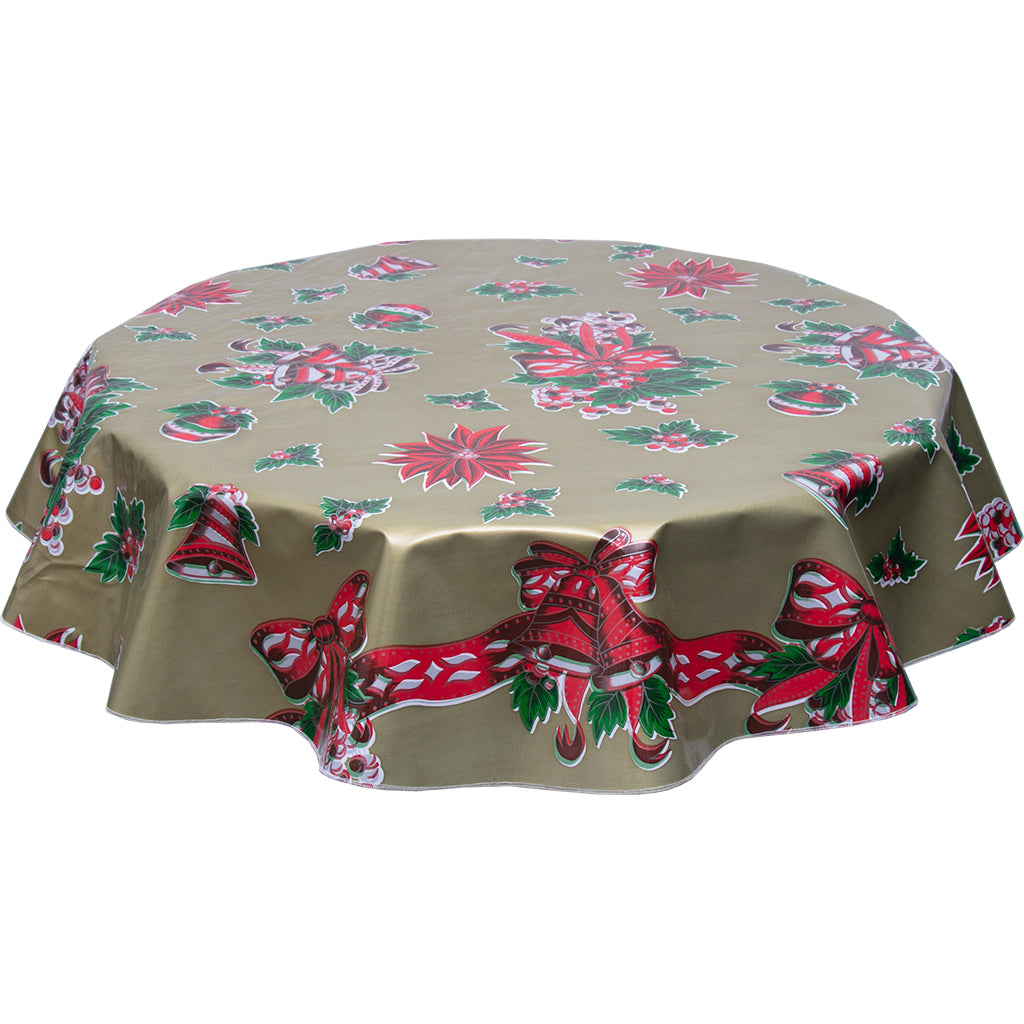 freckled sage christmas bells and bows on gold round tablecloth