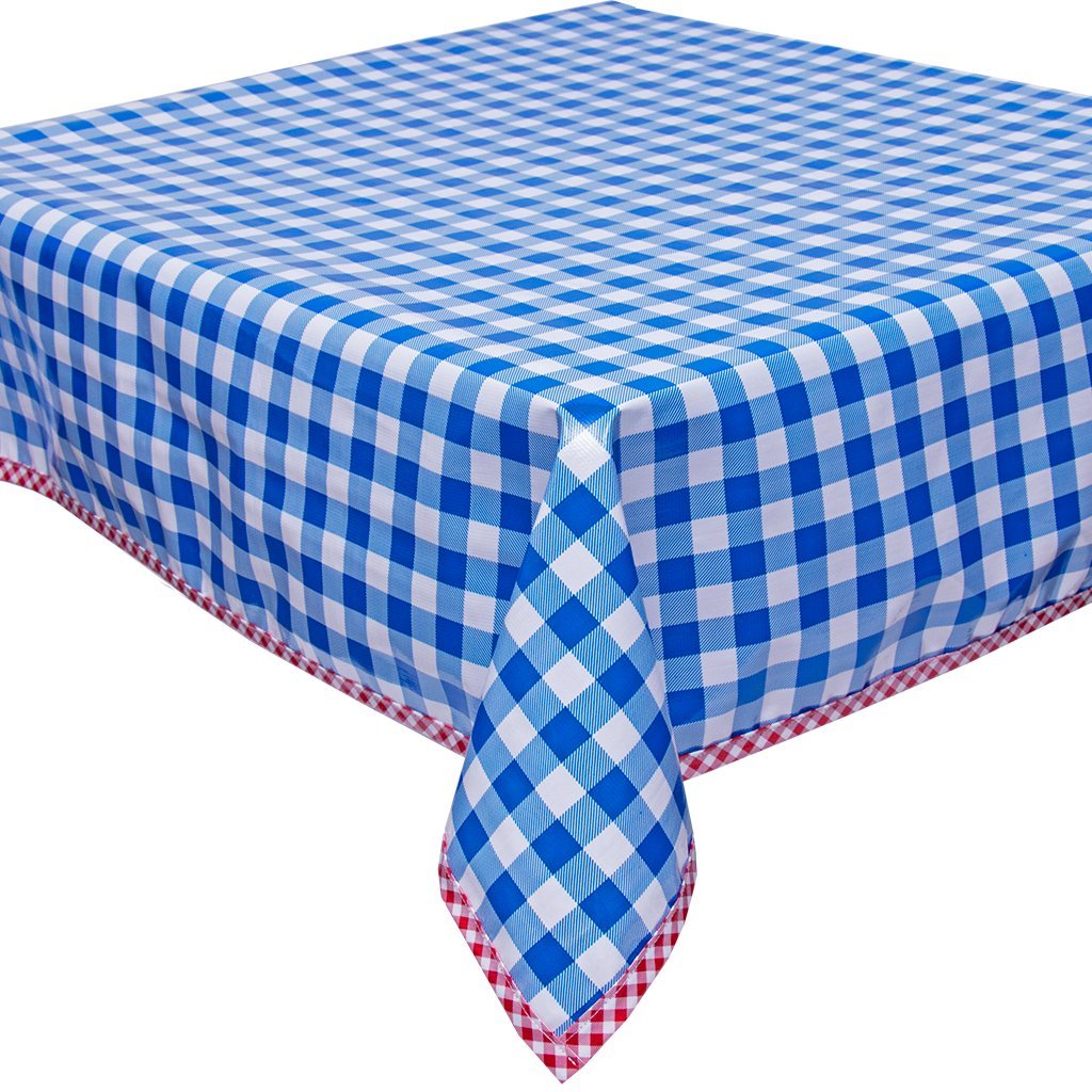 Freckled Sage Oilcloth Tablecloth Large Gingham Blue with Red Gingham Trim