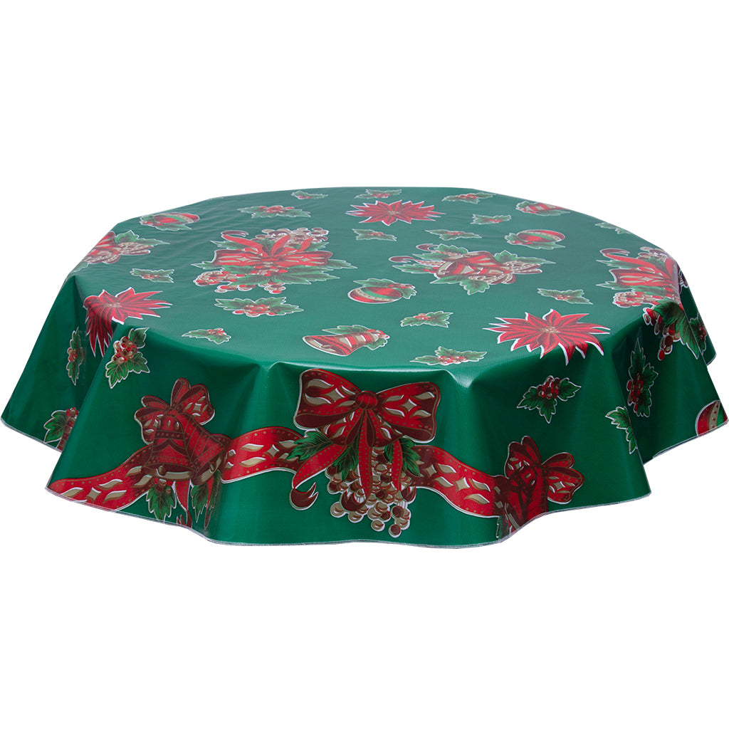 Christmas Bells and Bows on Green round oilcloth tablecloth