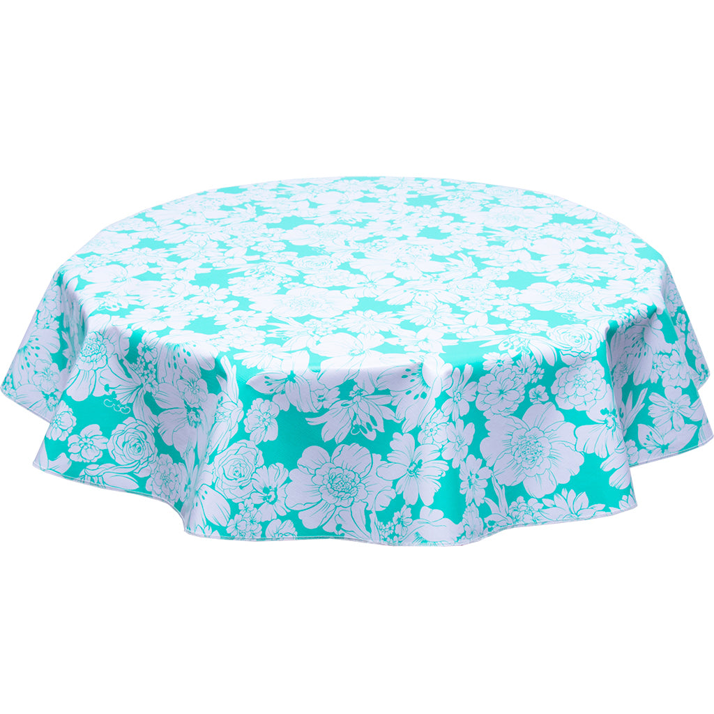 Round oilcloth tablecloth chelsea flowers on aqua