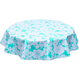 Round oilcloth tablecloth chelsea flowers on aqua