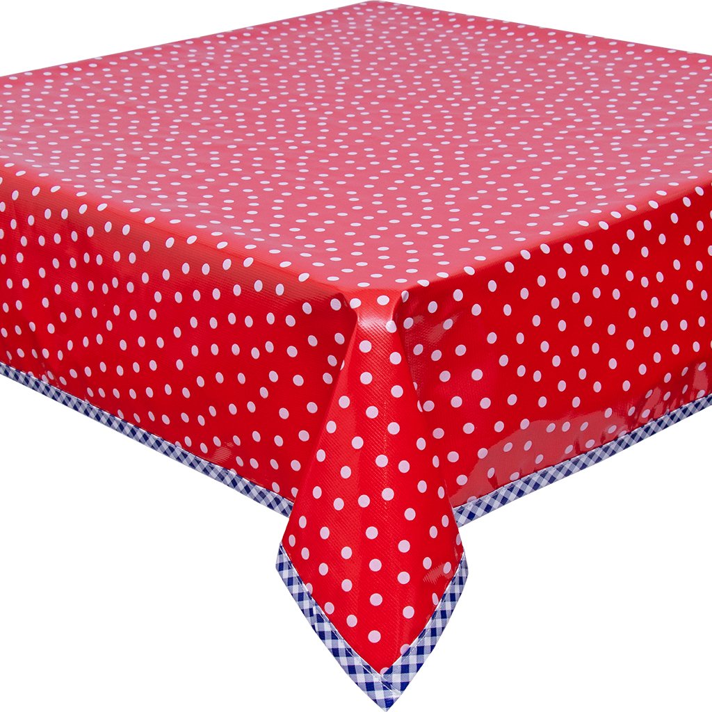 freckled sage oilcloth tablecloth white dots on solid red with navy gingham trim