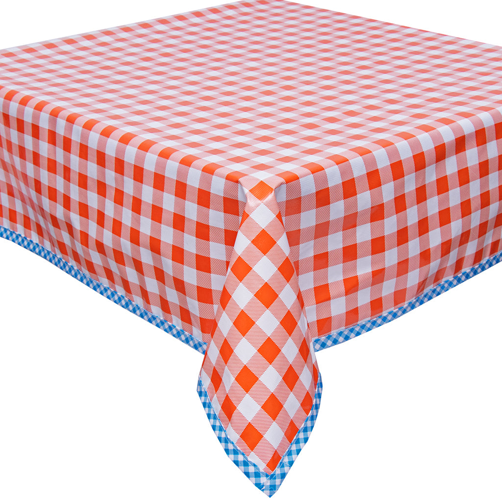 Freckled Sage Oilcloth Tablecloth Large Gingham Orange with Light Blue Gingham Trim