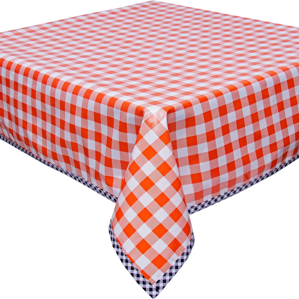Freckled Sage Oilcloth Tablecloth Large Gingham Orange with Black Gingham Trim