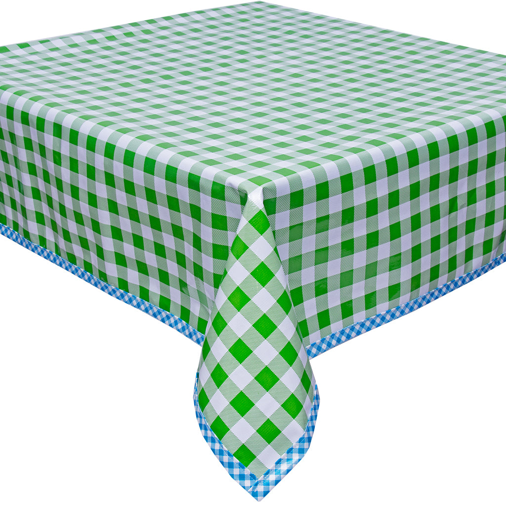 Freckled Sage Oilcloth Tablecloth Large Gingham Lime with Light Blue Gingham Trim
