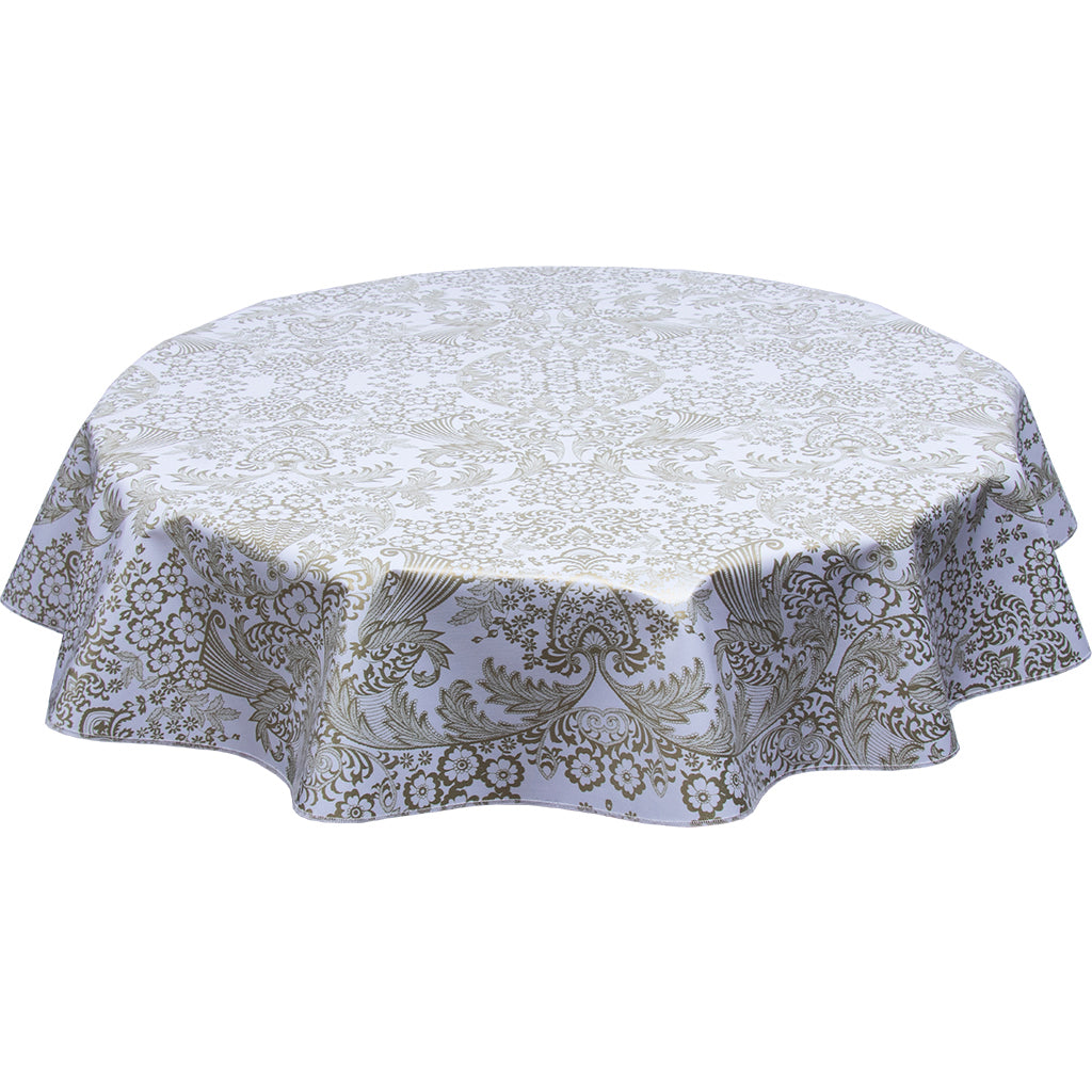 Round Oilcloth Tablecloth Gold Toile