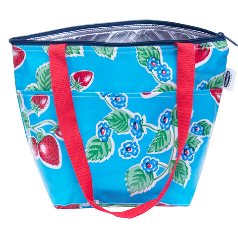 freckled sage insulated handbag strawberries on light blue