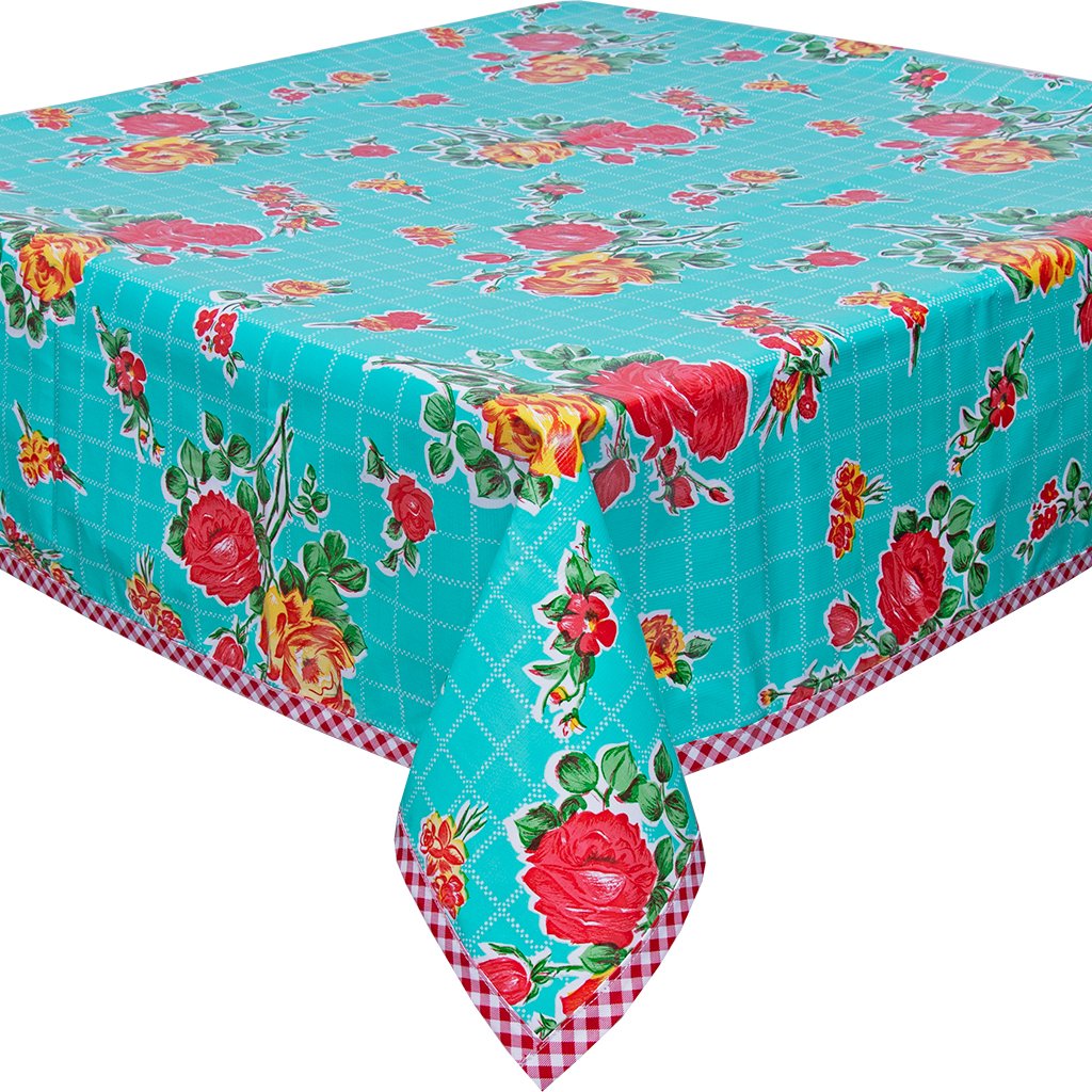 Freckled Sage Oilcloth Tablecloth Rose and Grid Aqua with red and yellow roses