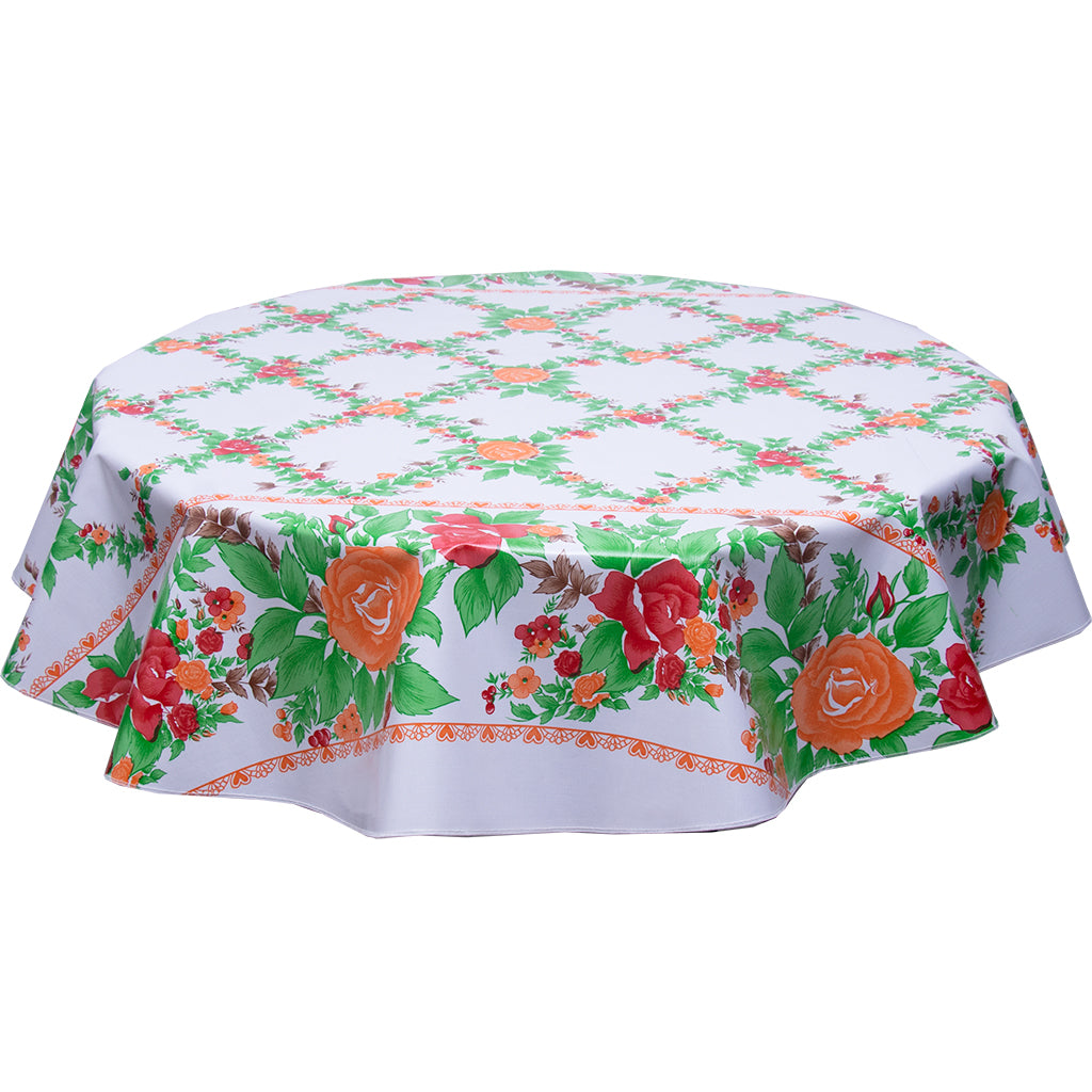 Round oilcloth tablecloth English Garden roses with orange hearts