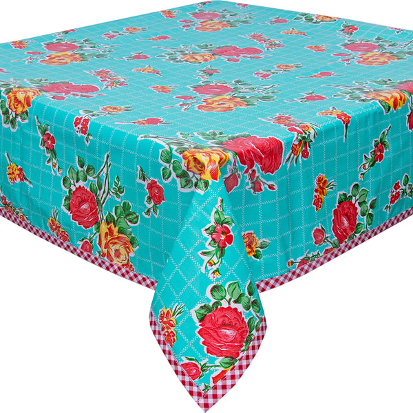 Rose And Grid Aqua Tablecloth With Red Gingham Trim – Freckled Sage