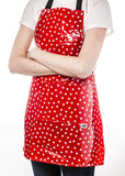 Freckled Sage Oilcloth Apron Dot White on Red