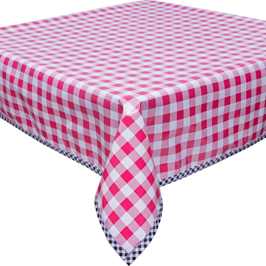 Freckled Sage Oilcloth Tablecloth Large Gingham Pink with Black Gingham Trim