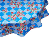 Round Oilcloth Tablecloth Red Tulips on Blue
