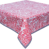 Freckled Sage Oilcloth Tablecloth Red Toile with Black Gingham Trim